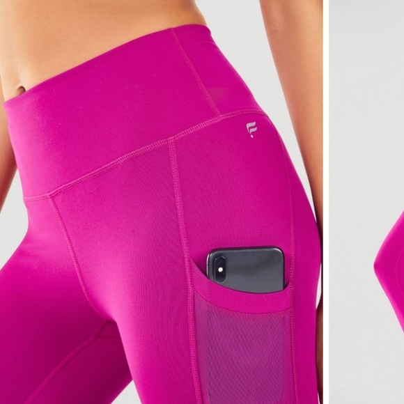 Fabletics small/med fuchsia leggings inside pocket sheer stripes down leg - Picture 3 of 11